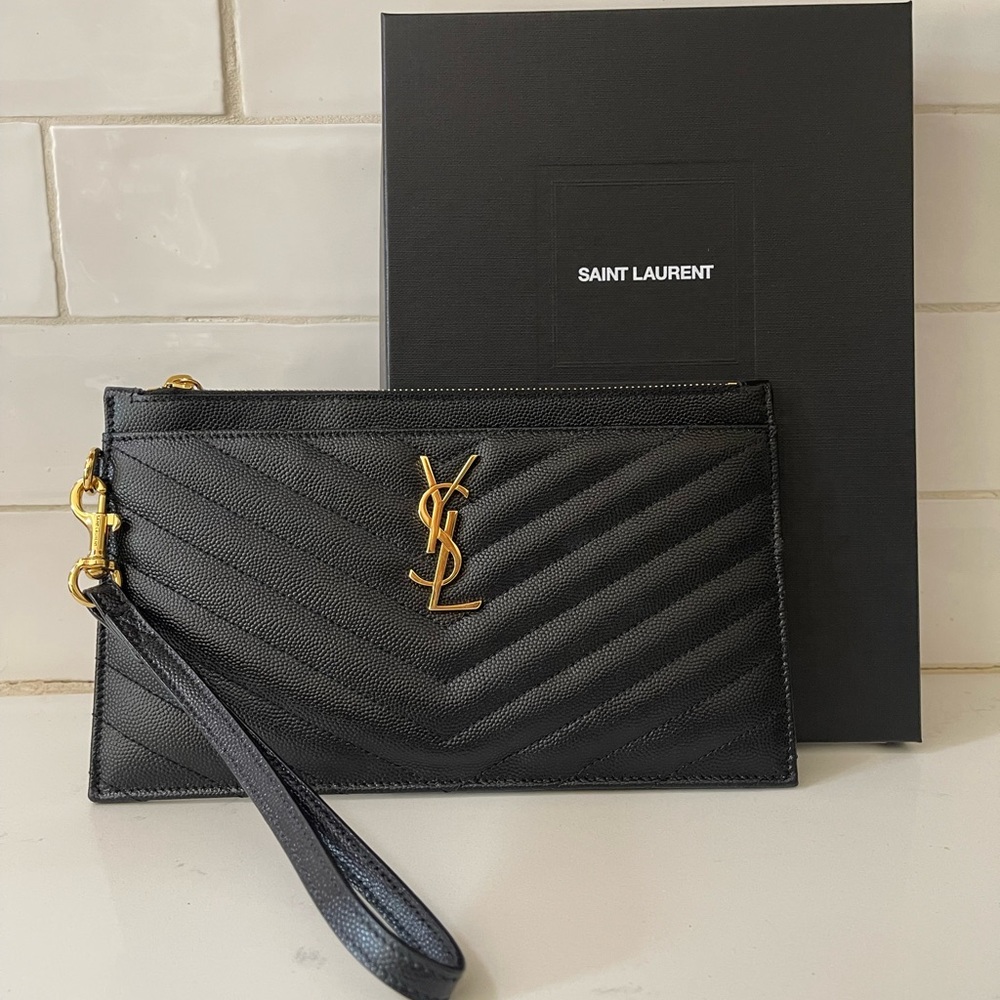 Authentic YSL Pouch Monogrammed Grain de Poudre Tech Black and Gold